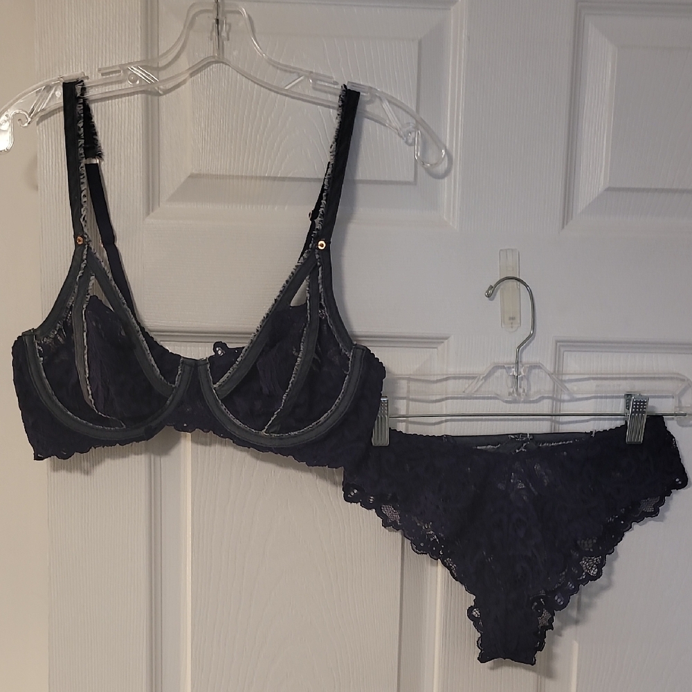 Savage X Fenty Lace And Denim Bra and Panty Set - Black
